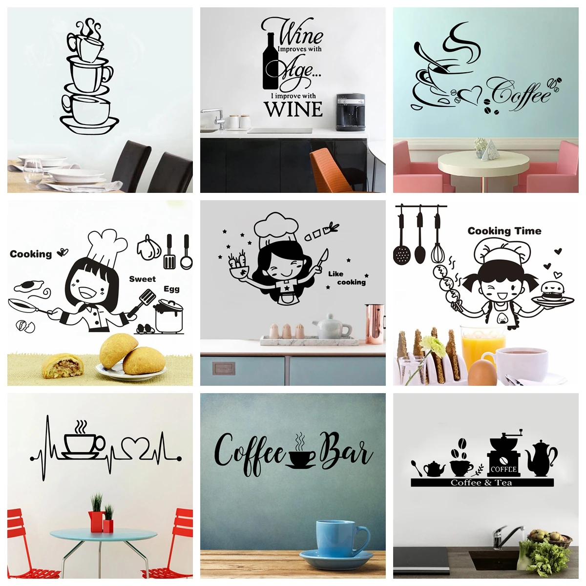 1pc Cartoon Weibliche chef Vinyl Wand Aufkleber Für Küche Wand Dekor Wasserdicht Süße Text Aufkleber Für Kaffee Shop Wand Image