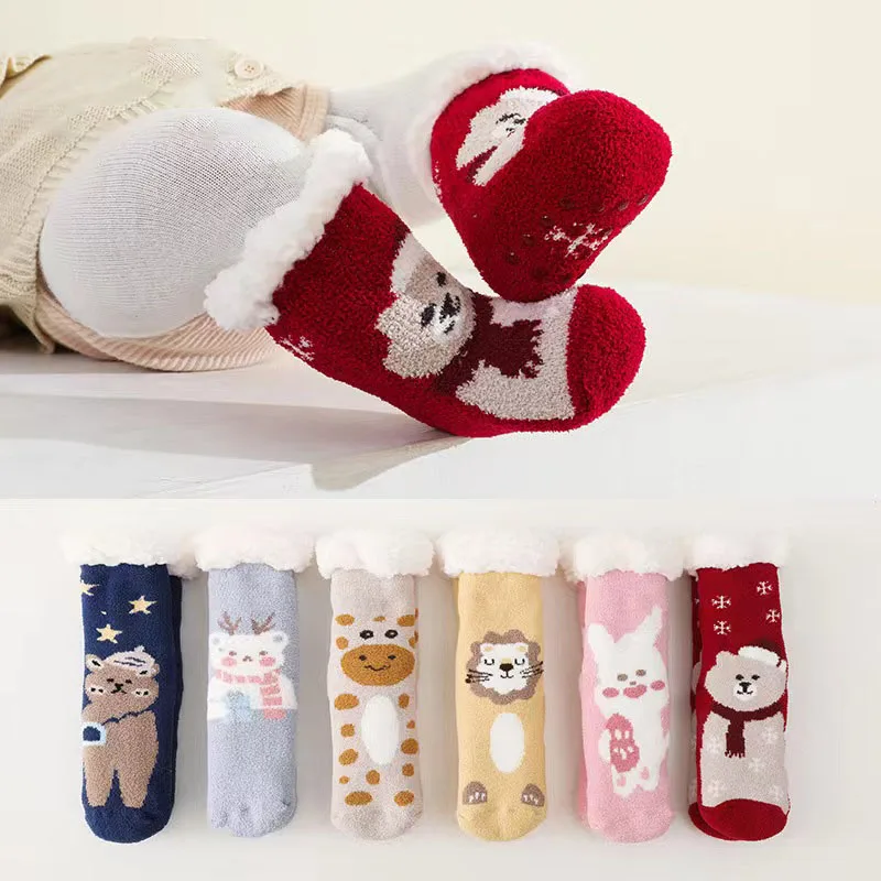 Nette Winter Baby Cartoon Weihnachten Socken Verdicken Baumwolle Warme Neugeborenen Kinder Boden Socke Rutschfeste Kinder Socken Für 0-4 jahre Image