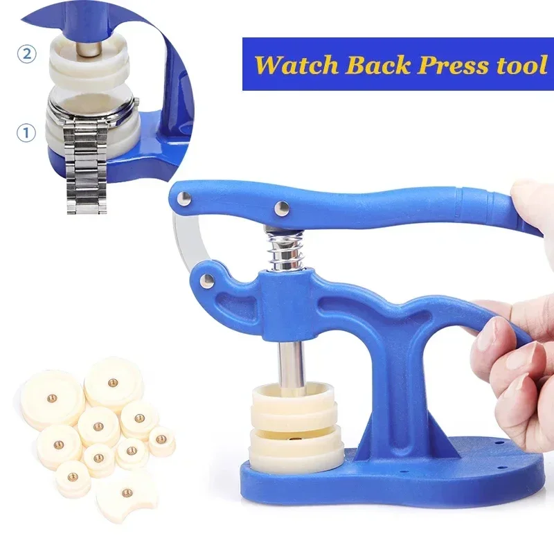 Outil de pression pour la réparation de montres, outil de fermeture de fond de boîtier, outils d'horloger, outils manuels pour verre de montre avec 12 matrices en plastique, accessoire