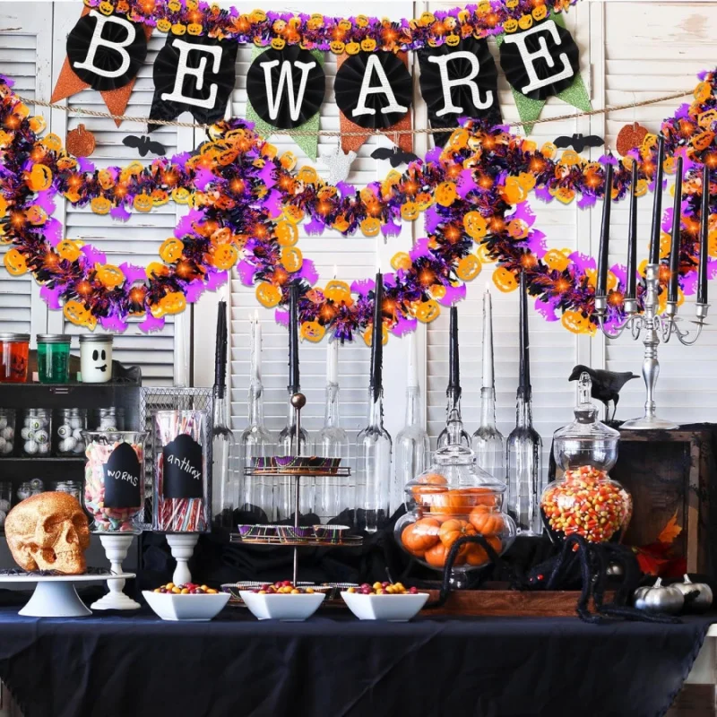 1Halloween Dekoration Pom Poms Party Hintergrund Arrangement Kürbis Fledermaus Girlande Hängende Dekoration Schwarz Lila Orange Band Re Image