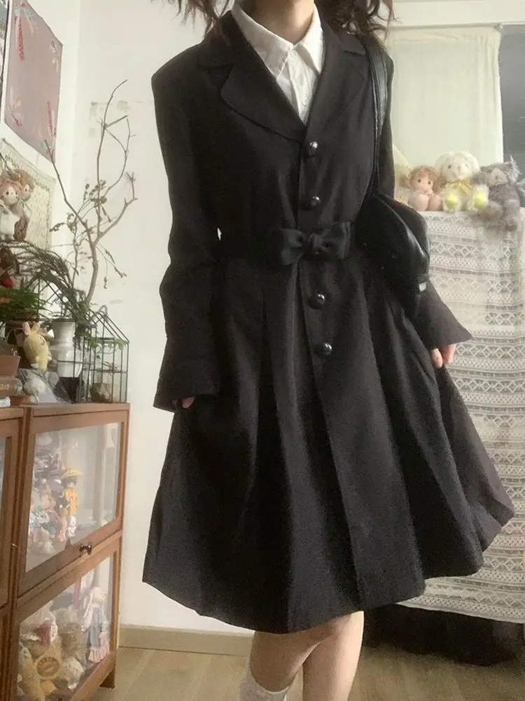 2000er Jahre American Vintage Trenchcoats Damen Slim Y2k Kleidung Outwear Korean Fashion Chic Retro Mäntel Französisch Elegant Schwarz