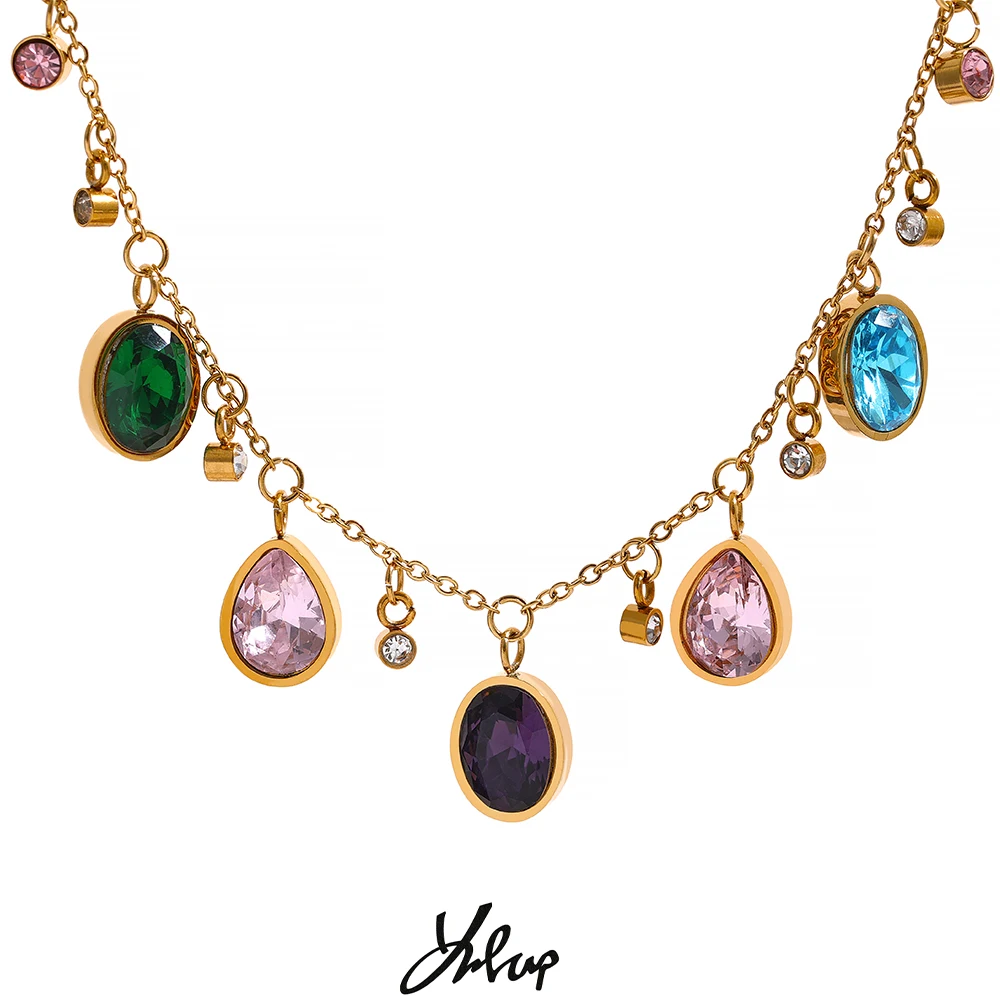 Yhpup Zarte elegante bunte Zirkonia Edelstahl Luxus Halskette Bling 18k vergoldet wasserdicht Schmuck Party Image