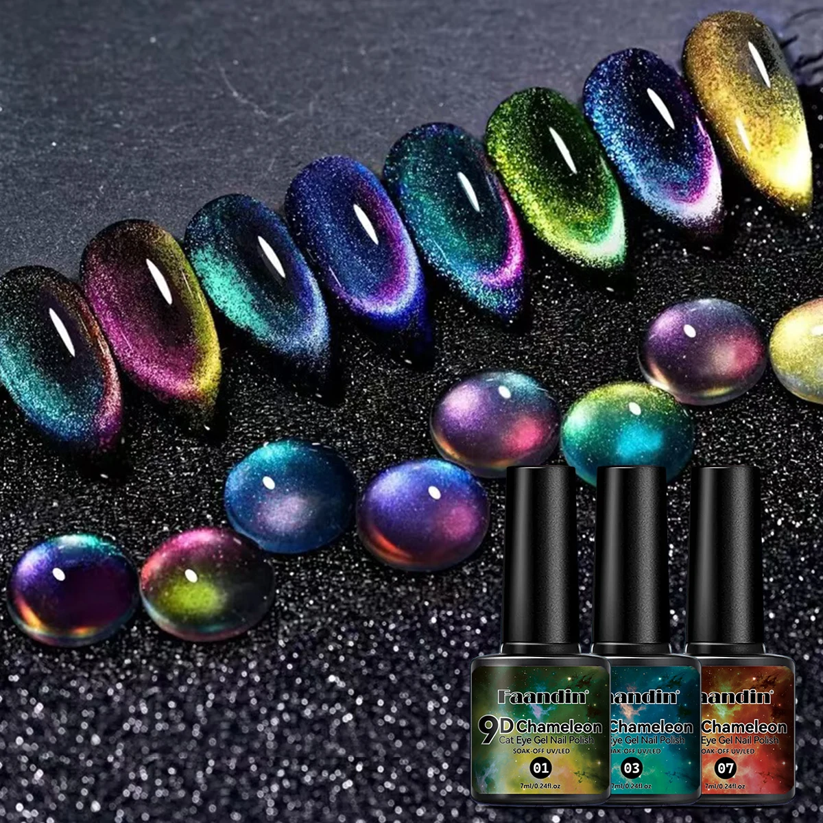 Faandin 7 ml*1-Flasche, siebenfarbiger Pfauen-Katzenaugen-Gel-Nagellack, mit schwarzer Grundfarbe für bessere Wirkung, vollfarbig, nicht leicht abziehbar, langlebige Wirkung, einfach zu bedienen, Image