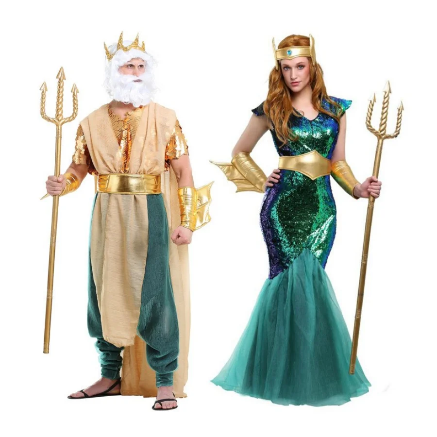 Festival-Verkleidung, Partykostüme, erwachsenes Paar, Seekönig, altägyptische Königin, Pharao-Kostüm, Königin, König, Kriegsgott durchführen Image