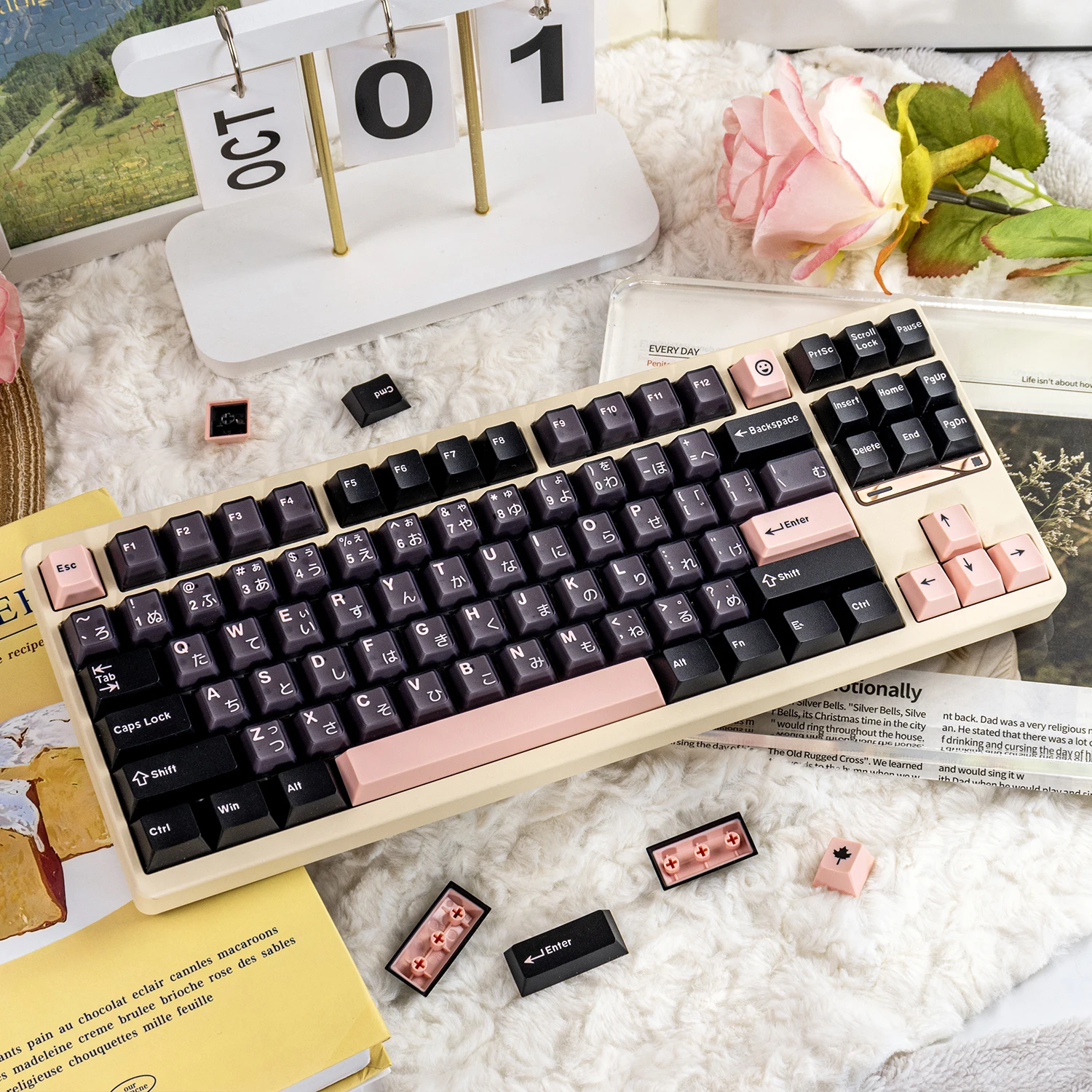 Night Sakura Tastenkappen Double Shot Cherry Profile PBT+PC Tastenkappen Japanische Wurzel durchscheinende Tastenkappen für mechanische MX-Tastatur Image