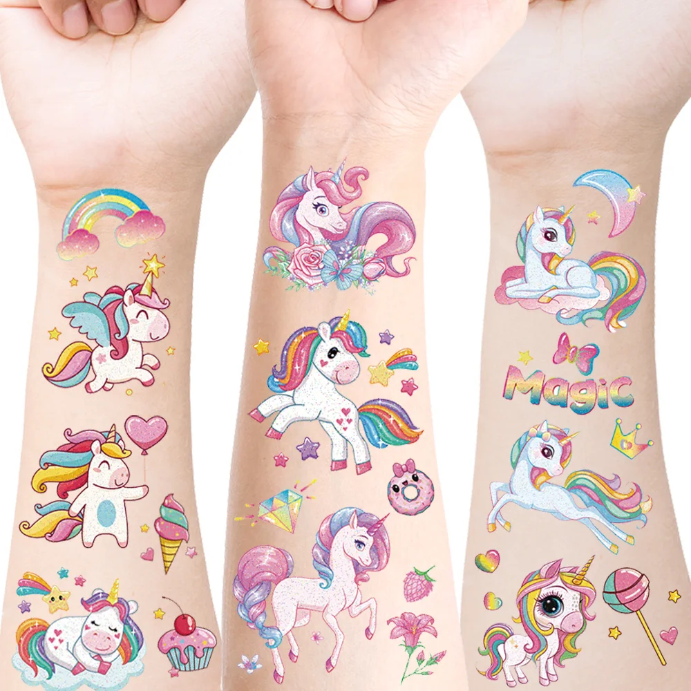 12 Blatt glitzernde rosa Einhorn-temporäre Tattoos, glitzernde Stile, wasserfest, glänzendes Regenbogen-Einhorn, Geburtstagsparty-Zubehör Image