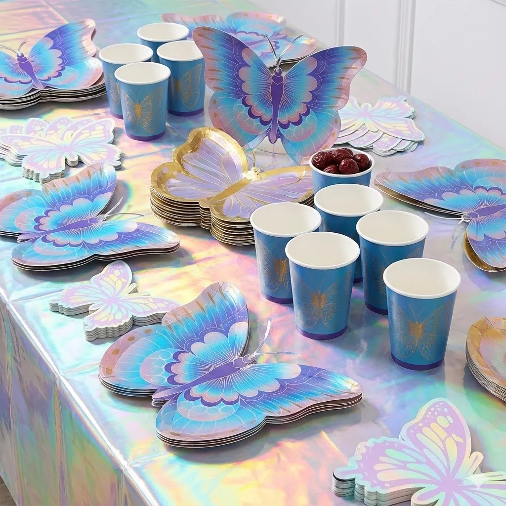 Schmetterlings-Party-Dekoration, bunte glitzernde Tischdecken, schmetterlingsförmige Teller, Servietten, Frühling, Picknick, Camping, Geburtstag, Party-Dekoration Image