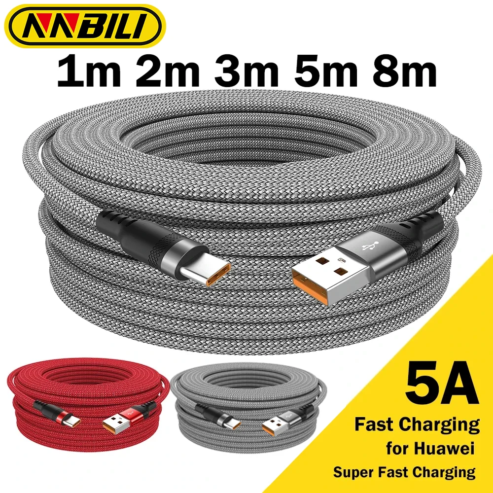 NNBILI Erweitertes 5 Meter Typ-C USB/Micro USB 5A Super-Ladekabel, geeignet für Huawei Xiaomi Vivo und Leeco Telefon-Datenkabel Image