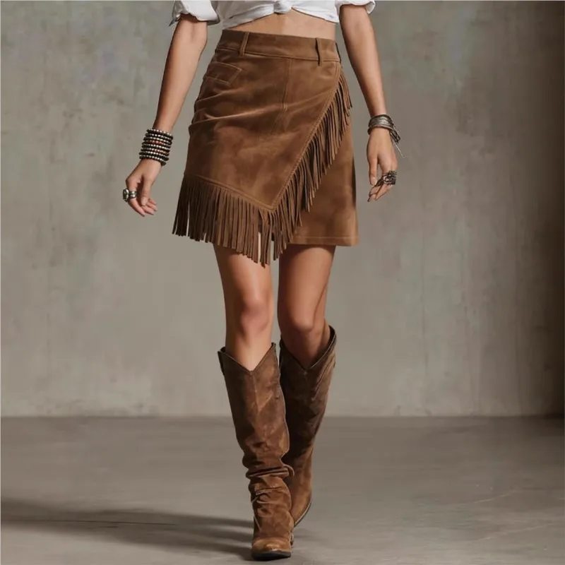 Vintage Wildleder Mini Rock Frauen Y2K Quaste Patchwork Braun Hüfte Wrap Röcke Herbst Winter Streetwear Koreanische Mode Schlank Faldas