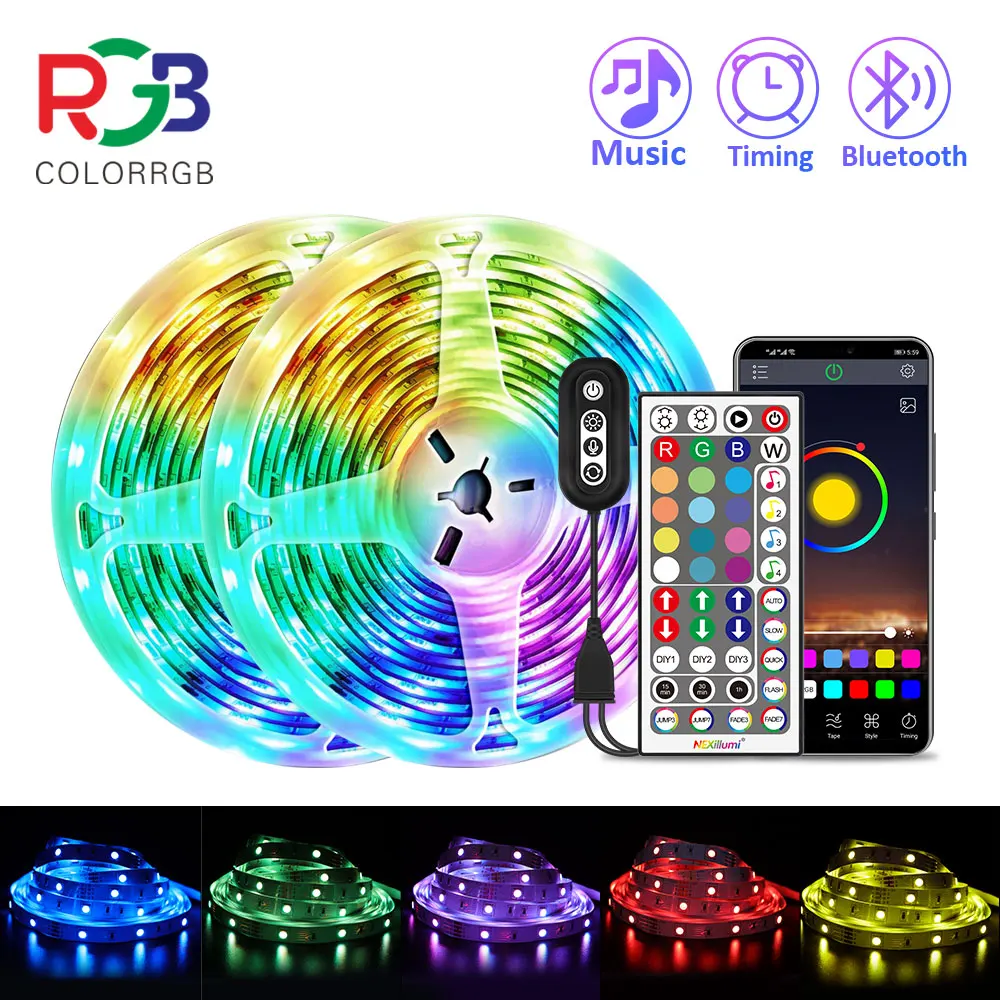 ColorRGB, LED-Lichtleiste, Musik synchronisierter Farbwechsel RGB5050, Telefon-App-Fernbedienung, LED-Lichtseil 6 m, 12 m, 15 m