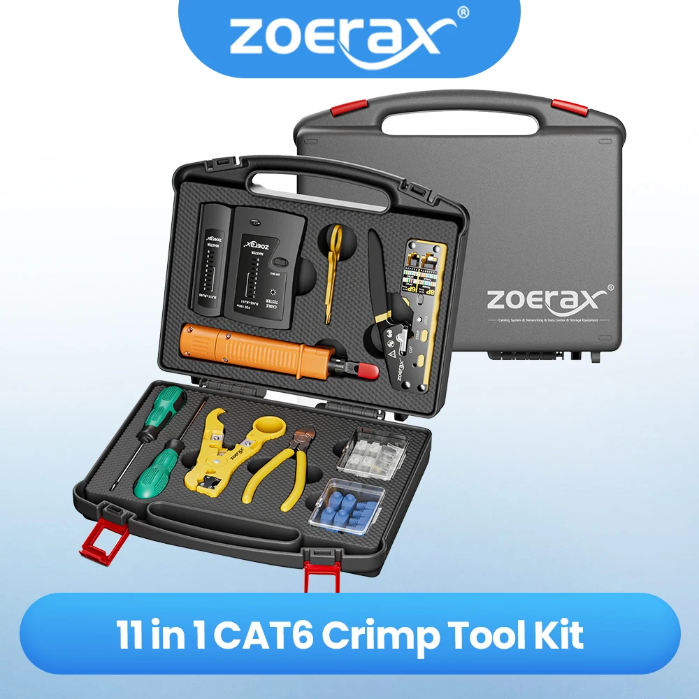 ZoeRax Kit d'outils réseau, kit d'outils de sertissage RJ45 Passage à travers le outil de sertissage RJ45, testeur de câble, outil de poinçonnage, dénudeur