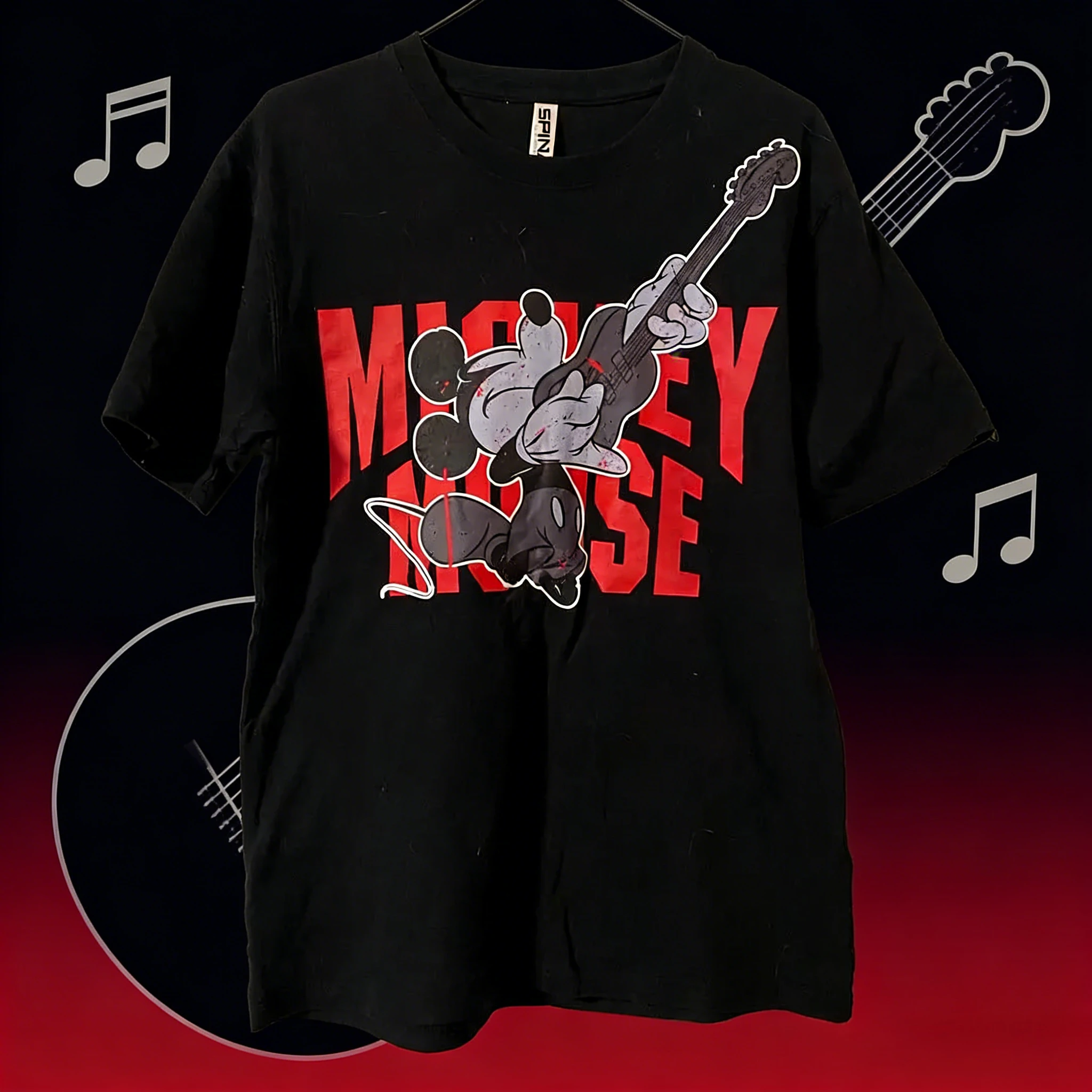 Disney Summer 2026 Mickey Gitarre Schwarz 100 % reine Baumwolle bedrucktes T-Shirt für Männer und Frauen Outdoor Casual Atmungsaktives Top Y2k