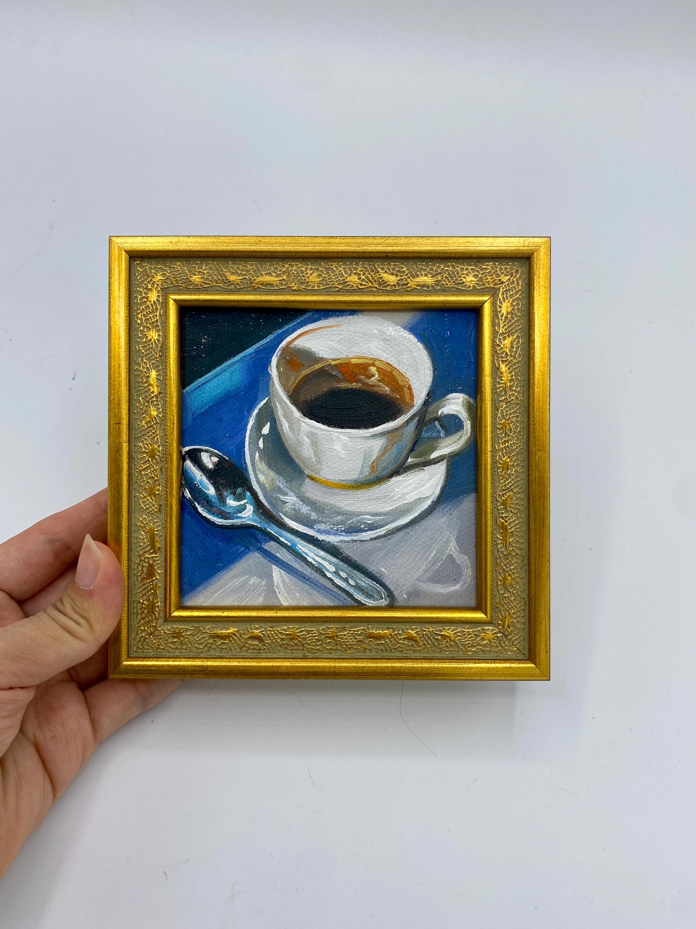 Dipinto ad olio originale, quadro da parete con tazza di caffè, quadro da parete per la cucina, quadro incorniciato, quadro su tela