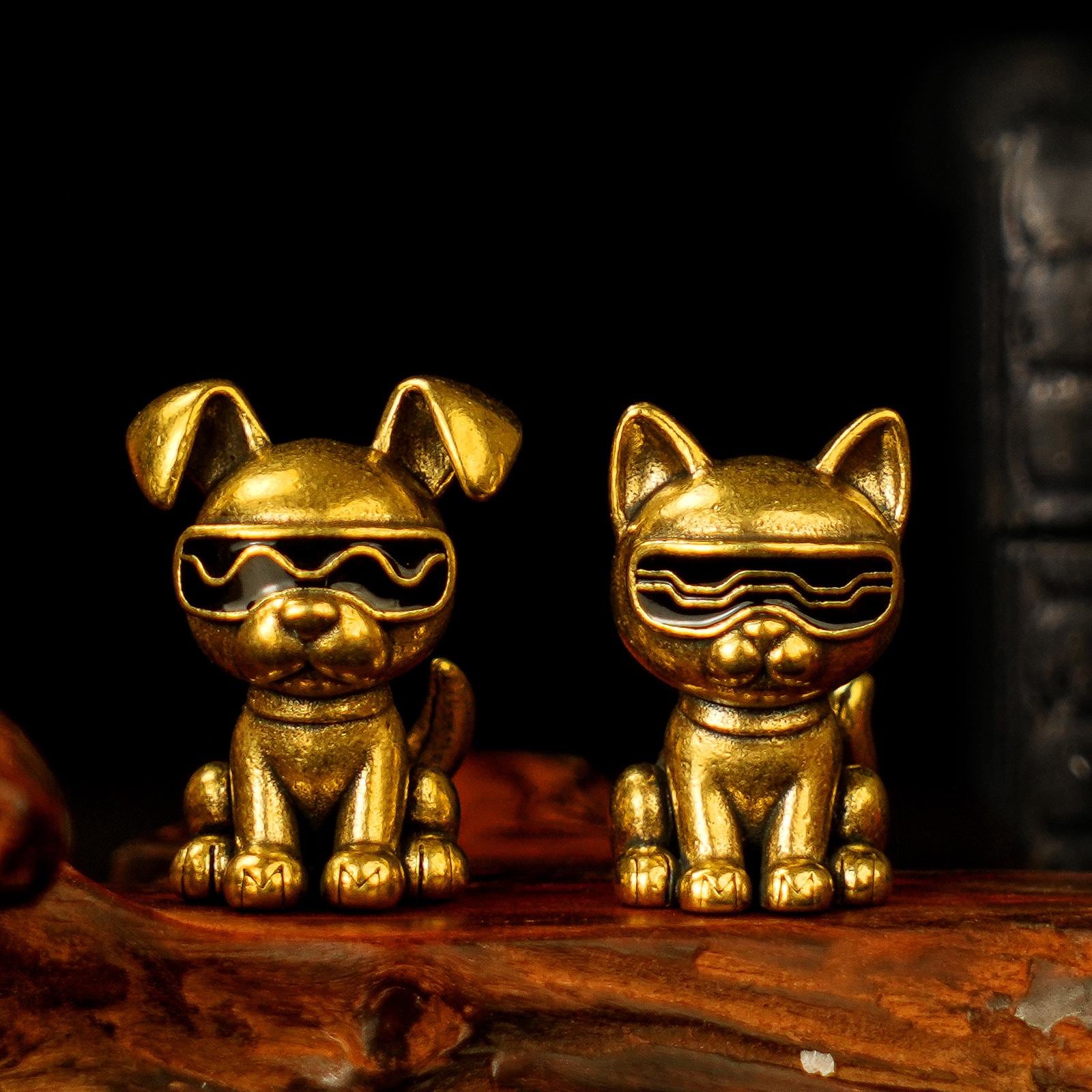 Mini statuetta in ottone massiccio raffigurante un gatto e un cane con occhiali da sole - Decorazione da scrivania retrò e stravagante