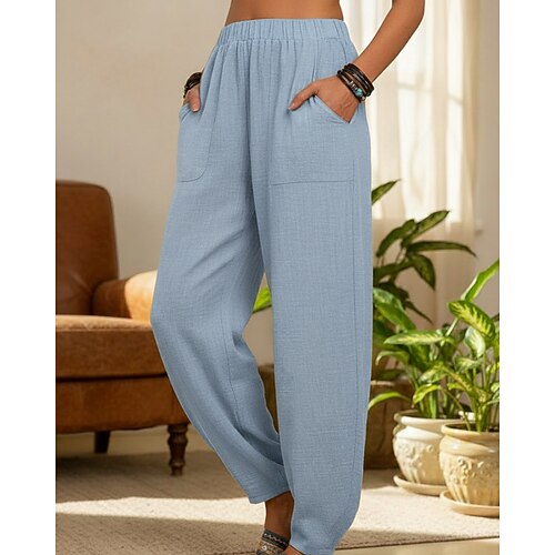 Damen Hose aus Baumwollleinen Chinos Sommerhose Haremshose Streetwear Lässig Volle Länge Mittlere Taillenlinie Blumen Einfach Tasche Elastischer Bund Bequem Komfort Unelastisch Täglich Outdoor Straße Image
