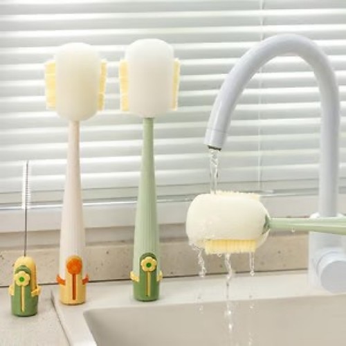 2er-Pack 5-in-1 Multifunktions-Flaschenreinigungsbürste, Bürste mit langem Griff für Becher- und Thermoskannendeckel, Reiniger für Milch- und Wasserflaschen, langlebiges Haushalts-Küchenwerkzeug Image