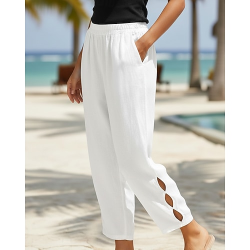 Damen Hose aus Baumwollleinen Chinos Urlaub Streetwear Lässig Volle Länge Mittlere Taillenlinie Einfach Tasche Elastischer Bund Bequem Atmungsaktiv Unelastisch Täglich Outdoor Straße Grau Wei Image