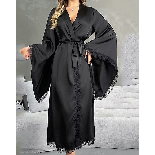 Damen Robe Lässig Weich Satin Einfarbig Spitze Täglich Heim Bett Langarm V Ausschnitt Schwarz Weiß Sommer Frühling Lässiger Schnitt Image