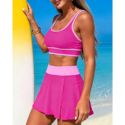 Damen Tankini 2 Teile Badeanzüge Farbblockierung Elastisch Ärmellos Bademode Surfen Schnorcheln Schwimmen Sommer Image