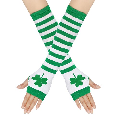 Strickhandschuhe für Damen zum St. Patrick's Day, grün-weiß gestreift mit Kleeblattmuster, perfekt für den St. Patrick's Day, Karneval und den Alltag Image
