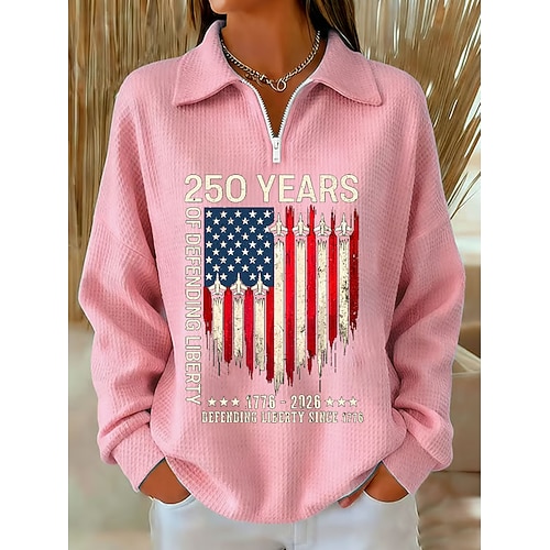 Unabhängigkeitstag Amerikanischer 250. Jahrestag Patriotischer Damen Pullover Sweatshirt Graphic Letter Lässiger Druck Langarm Halbzip Lässige Freizeit Sports Blau Schwarz Pink Rot Grün Frühling
