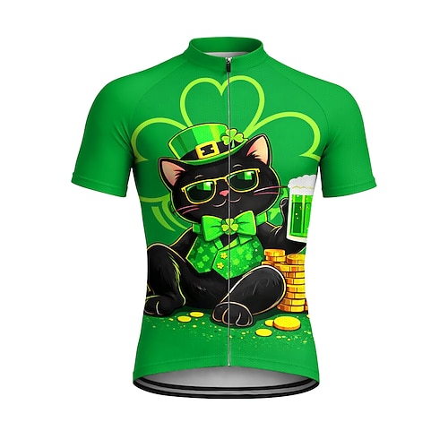 Herren St. Patrick Jersey Radtrikot Downhill Jersey Katze vierblättriges Kleeblatt Oktoberfest Bier Kurzarm Bike T-Shirt Oberteil mit 3 hinteren Taschen UV-beständig Schnell trocknend Mit Taschen Image