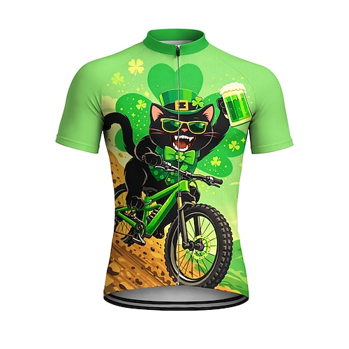 Herren St. Patrick Jersey Radtrikot Downhill Jersey Katze vierblättriges Kleeblatt Oktoberfest Bier Kurzarm Bike T-Shirt Oberteil mit 3 hinteren Taschen UV-beständig Schnell trocknend Mit Taschen Image