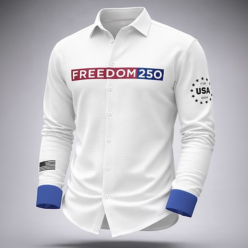 Herren 250. Jahrestag des Unabhängigkeitstages der USA am 4. Juli Patriotisch FREEDOM Hemd Waffelhemd Freizeithemd Langarm Modisch lässig Alltagskleidung Ferien Sommer Frühling Umlegekragen 3D-Druck Image
