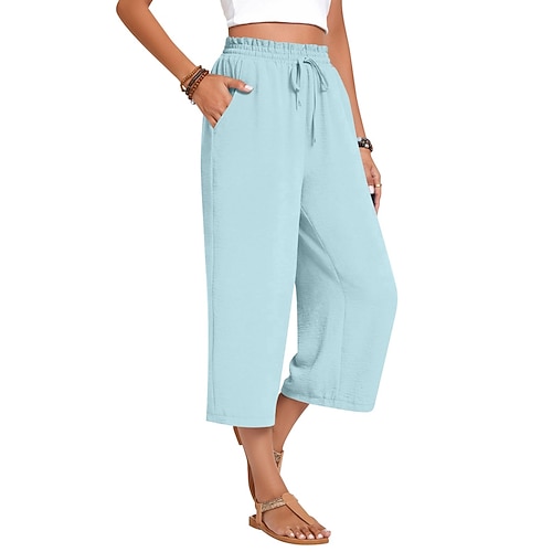 Damen Caprihose Sommerhose Baggy-Hosen Strandhose Urlaub Mode Streetwear Wadenlang Hohe Taille Einfach Kordelzug Tasche Weites Bein Komfort Leicht Weich Dehnbar Outdoor Straße Ferien Blau Rote Khaki Image