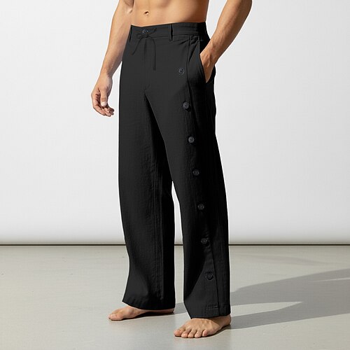 Herren Leinenhosen Hose Sommerhose Baggy-Hosen Strandhose Kordelzug Seitenknopf Gerader Schnitt Einfach Komfort Atmungsaktiv Volle Länge Lässig Täglich Ferien Mode Klassicher Stil Schwarz Weiß Image