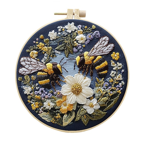 Blumenstickset mit gelber Biene für Anfänger, grünes Pflanzenstickset für Erwachsene, DIY-Starterset mit Stickrahmen, bunten Garnen und Werkzeugen Image