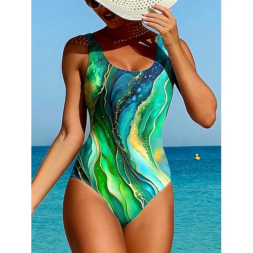 Damen Badeanzug Einteiler Hoher Schnitt Bademode Strandbekleidung Sommer Grafik Geometrisch U-Ausschnitt Ärmellos Badeanzüge Image
