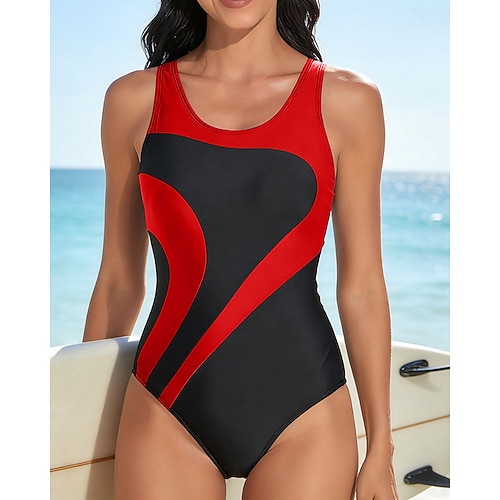 Damen Badeanzug Badeanzüge Einteilige Farbblockierung Elastisch Ärmellos Bademode Surfen Schnorcheln Schwimmen Sommer Image