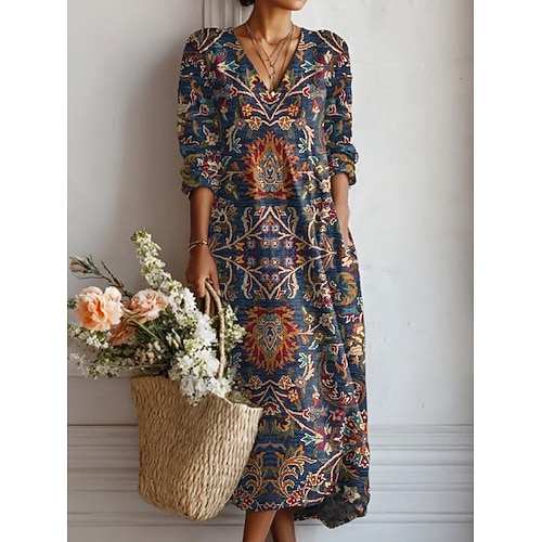Damen Midi Kleid Leinenähnlich Atmungsaktiv Leicht Sommerkleid A-Linie Urlaub Lässig Boho Ferien Regelmäßige Passform Grafik Geometrisch Farbblock Lange Ärmel V-Ausschnitt Marineblau Rot Grün Sommer Image