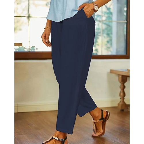 Damen Hose aus Baumwollleinen Chinos Urlaub Streetwear Lässig Knöchellang Mittlere Taillenlinie Einfarbig Einfach Tasche Elastischer Bund Bequem Atmungsaktiv Unelastisch Täglich Outdoor Straße Wei Image