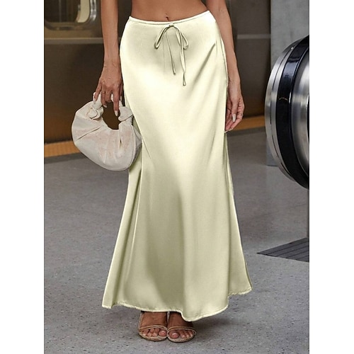 Damen Elegant Mode Maxi Hohe Taille Röcke Einfach Kordelzug Mikroelastisch Party Date Wein Schwarz Gelb Braun Frühling Satin Image