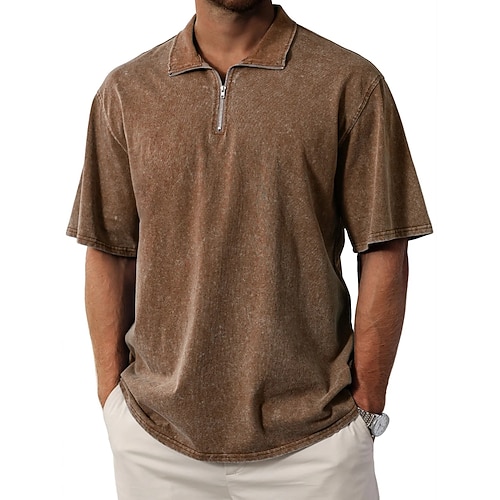 Herren Reißverschluss-Polo Golfshirt Lässig Ferien Reißverschluss Revers Kurzarm Mode Basic Einfach Vintage-Stil Viertel Postleitzahl Sommer Frühling Frühling Sommer Normale Passform Hellblau Image