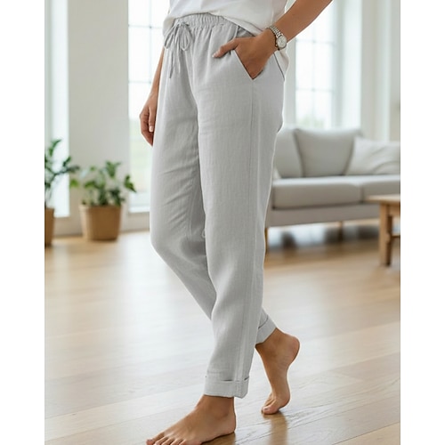 Damen Hose aus Baumwollleinen Chinos Streetwear Basic Lässig Volle Länge Mittlere Taillenlinie Einfach Kordelzug Tasche Bequem Atmungsaktiv Dehnbar Täglich Outdoor Straße Grau Schwarz Weiß Dunkelrot Image