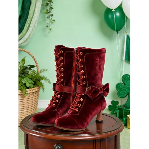 Damen-Schnürstiefel aus waldgrünem Samt – elegante Stiefeletten mit Kitten-Heel und Schleifendetail für Veranstaltungen zum St. Patrick's Day und Winterfeste Image