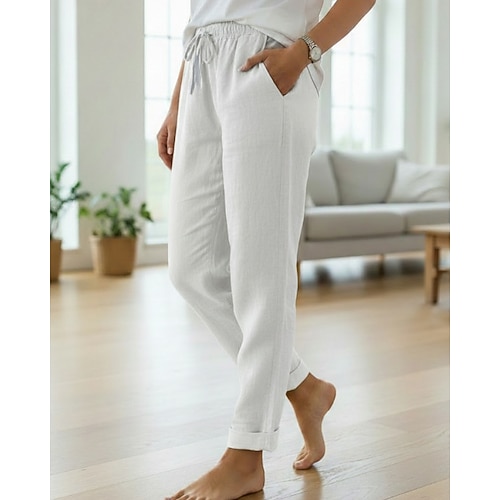 Damen Hose aus Baumwollleinen Chinos Streetwear Basic Lässig Volle Länge Mittlere Taillenlinie Einfach Kordelzug Tasche Bequem Atmungsaktiv Dehnbar Täglich Outdoor Straße Grau Schwarz Weiß Dunkelrot Image