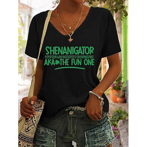 St. Patrick Damen T-Shirt Grafik Letter Stylisch Klassisch Casual Kurzarm V-Ausschnitt Reguläre Oberteile Täglicher Druck Schwarz Weiß Grün Sommer Frühling Image