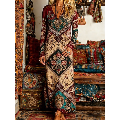 Damen Langes Kleid Maxikleid Boho-Kleid Vintage-Kleid Freizeitkleid Vintage Täglich Outdoor Urlaub Normale Passform Blumen Ethnisch Langarm V Ausschnitt Blau Frühling Herbst Image