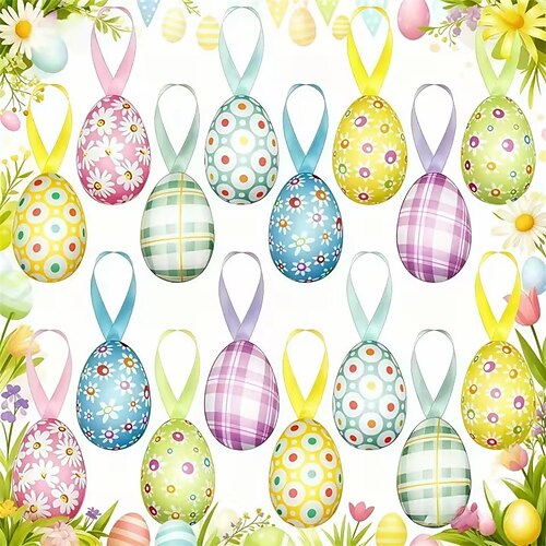 24 Stück Ostern Indoor Party Dekoration Requisiten Blumen-Punkt-Gitter-Muster Schaum-Ei hängende Fest-Szene Dekoration Requisiten Image