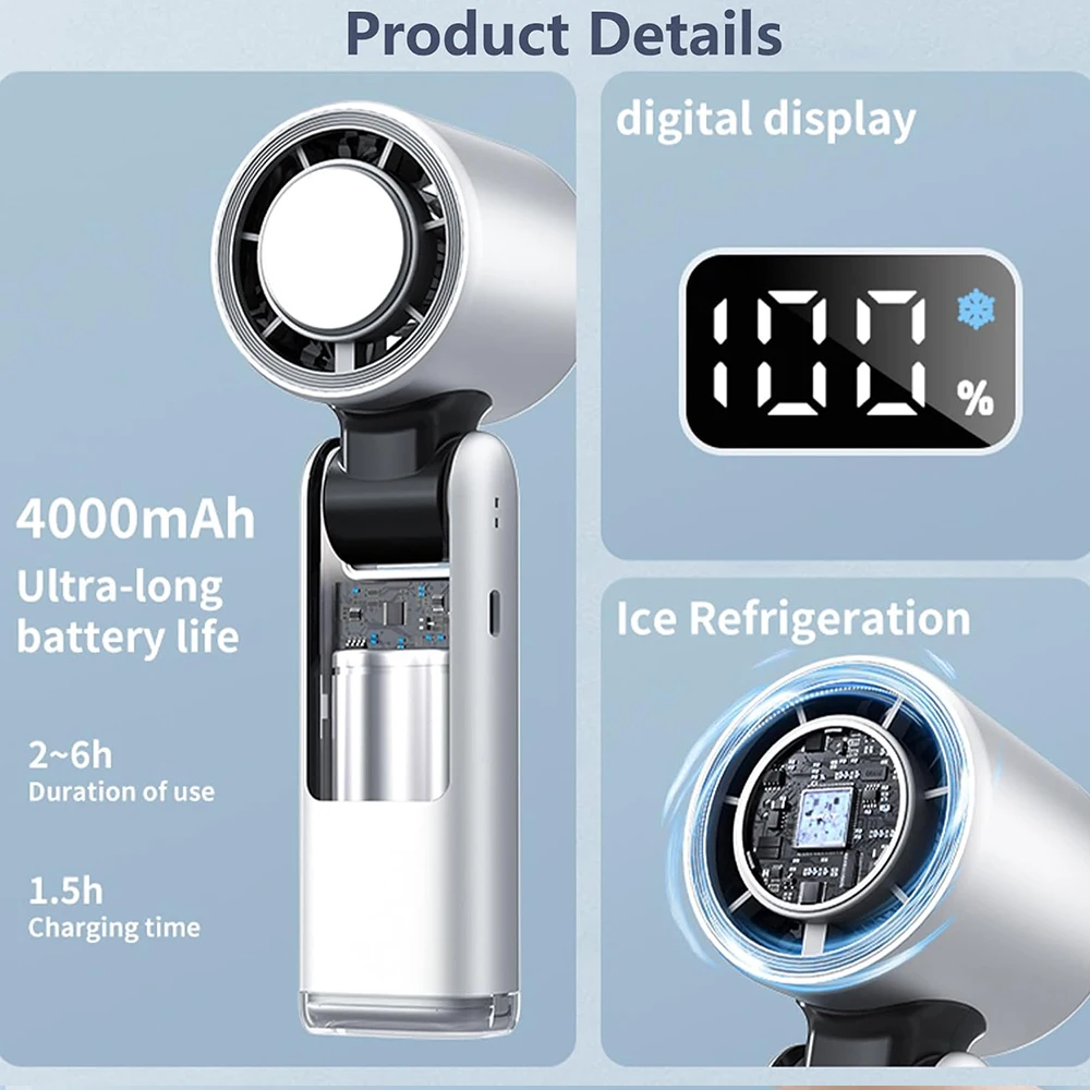 3-in-1 Tragbarer Handventilator mit Kühlfunktion, 4000mAh Akku, USB-Aufladbar, Persönlicher LED-Digital-Display Mini-Kühlventilator Image