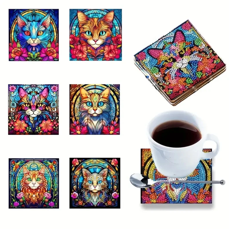 6 Stück/Set mit diamantbemalten Holzuntersetzer mit Katzenmuster, kreative, diamantbemalte DIY-Untersetzer, Weihnachtsgeschenk „Kein Ständer“ Image