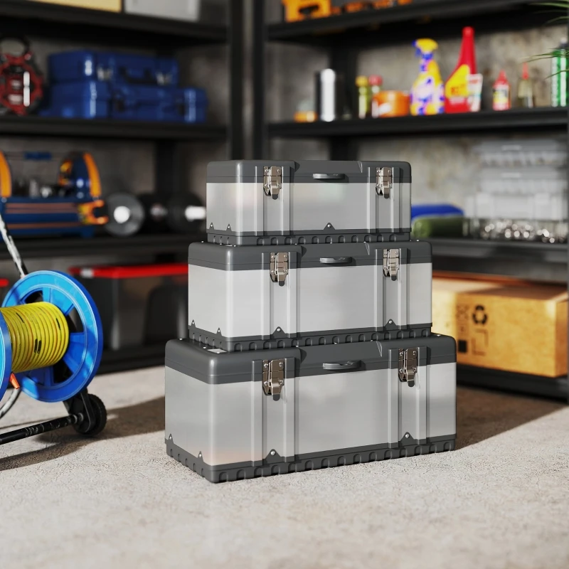 Mallette à outils ensemble de 3 pièces boîte à outils vide coffre à outils avec plateau amovible, poignées, loquets, boîte à outils en acier inoxydable, noir + argent