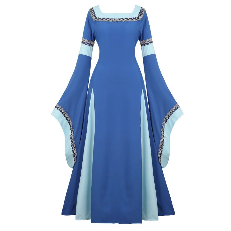 Damen Mittelalter Renaissance Trompetenärmel Retro Bodenlanges Kleid Spitzenbesatz Irish Over Langes Kleid Halloween Kostüm Übergröße Image