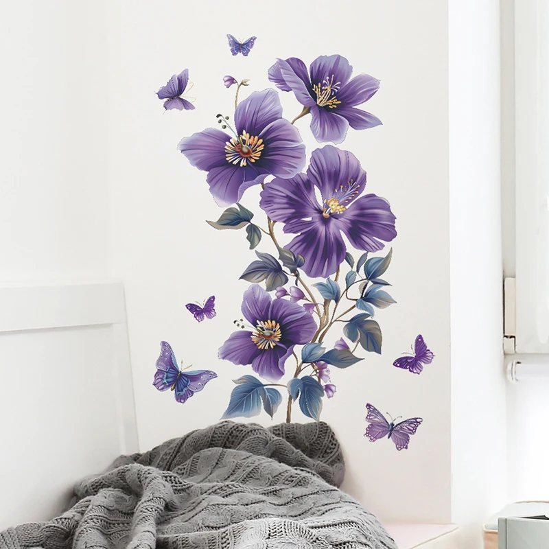 CCA83-Lila Blumen Schmetterling Wandaufkleber Wohnzimmer Schlafzimmer Hintergrund Dekor Wandbild Selbstklebende Wandtattoos
