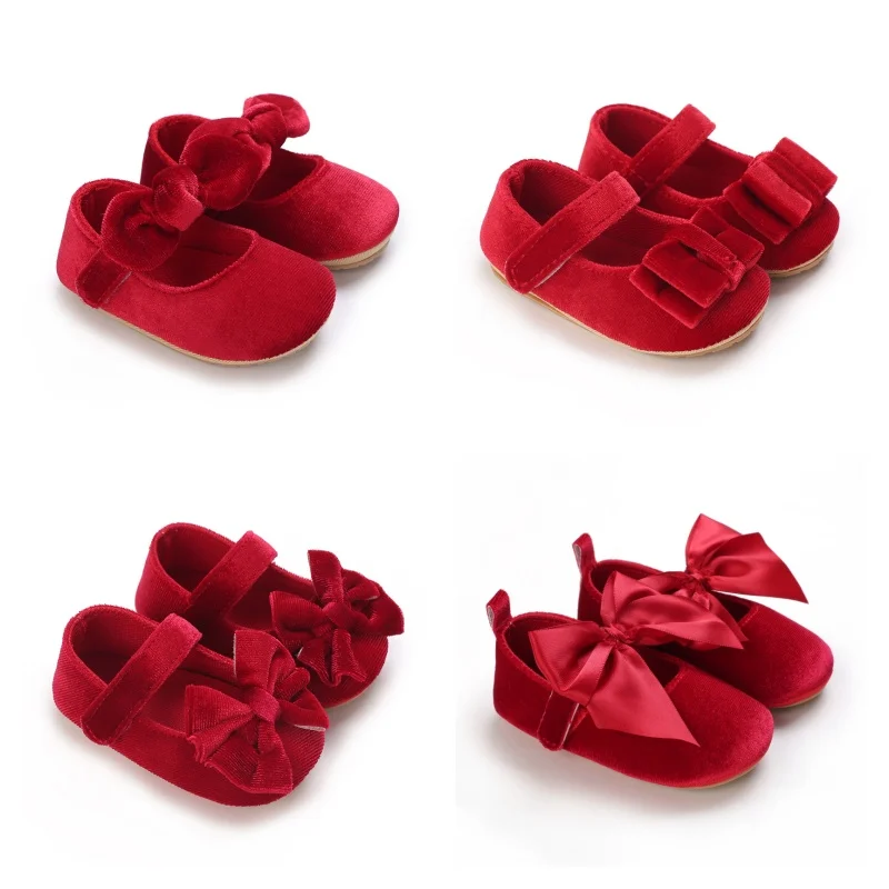 Rote Samt-Prinzessinnenschuhe für Babys, weiche Sohle, leichte Wanderschuhe, Frühlings- und Herbstgeschenk für 0–18 Monate, ein Jahr alt