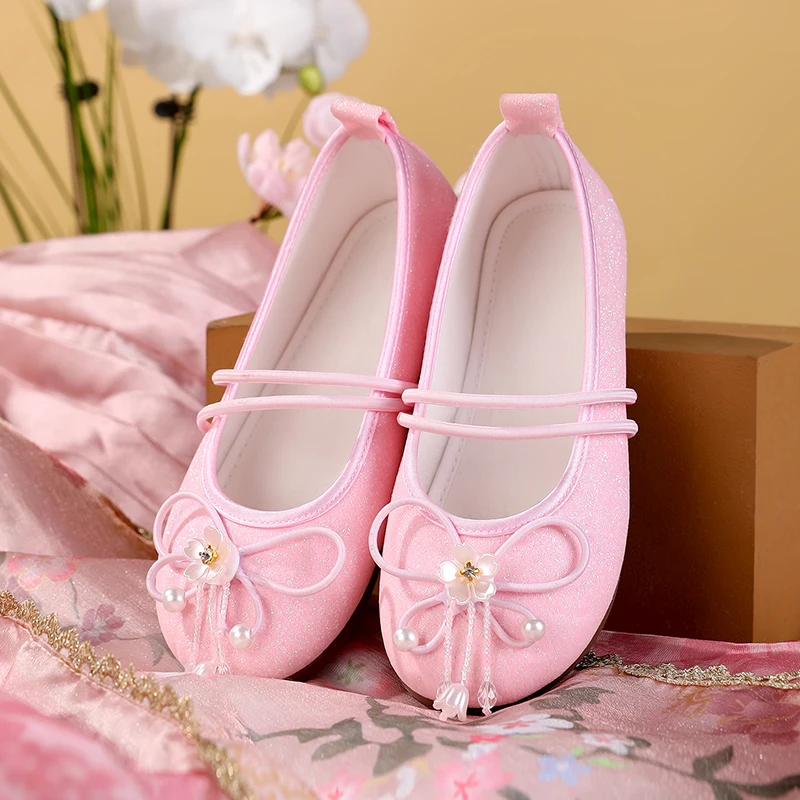 Gestickte Tanzschuhe für Kinder, Mädchen, schlichte Schleife, Accessoires, Schuhe, Cosplay, Prinzessin, flache Stoffschuhe, Walking, Freizeitschuhe